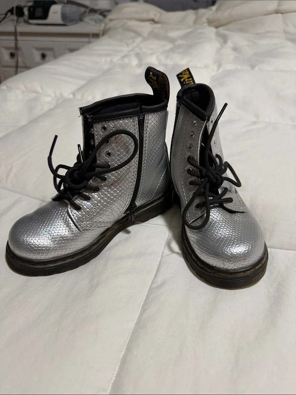 Dr. Martens Silver Snake-Embossed Kids Lace-Up Boots